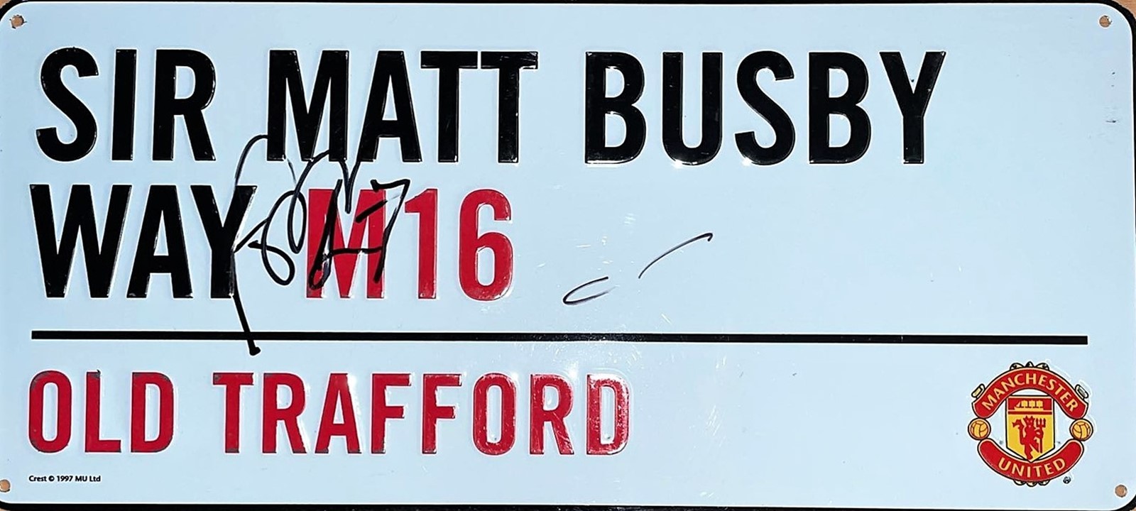 Football Marouane Fellaini signed Manchester United Sir Matt Busby Way M16 Old Trafford road sign.