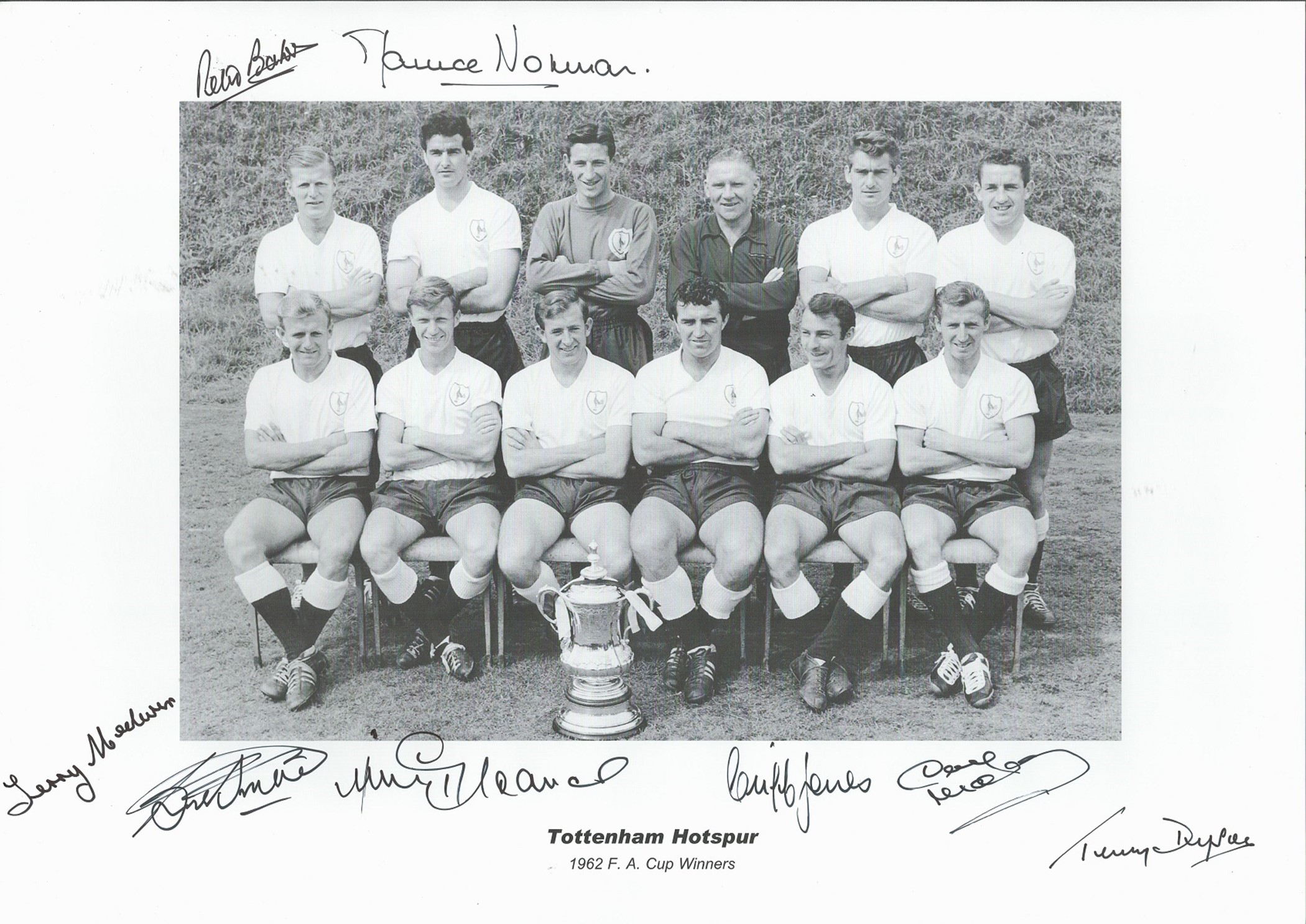 Tottenham Hotspur multi signed 1962 F. A Cup Winners 16x12 black and white photo signatures
