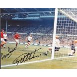 Football. Martin Peters and Geoff Hurst Signed 10x8 colour photo. Photo shows the pair in action