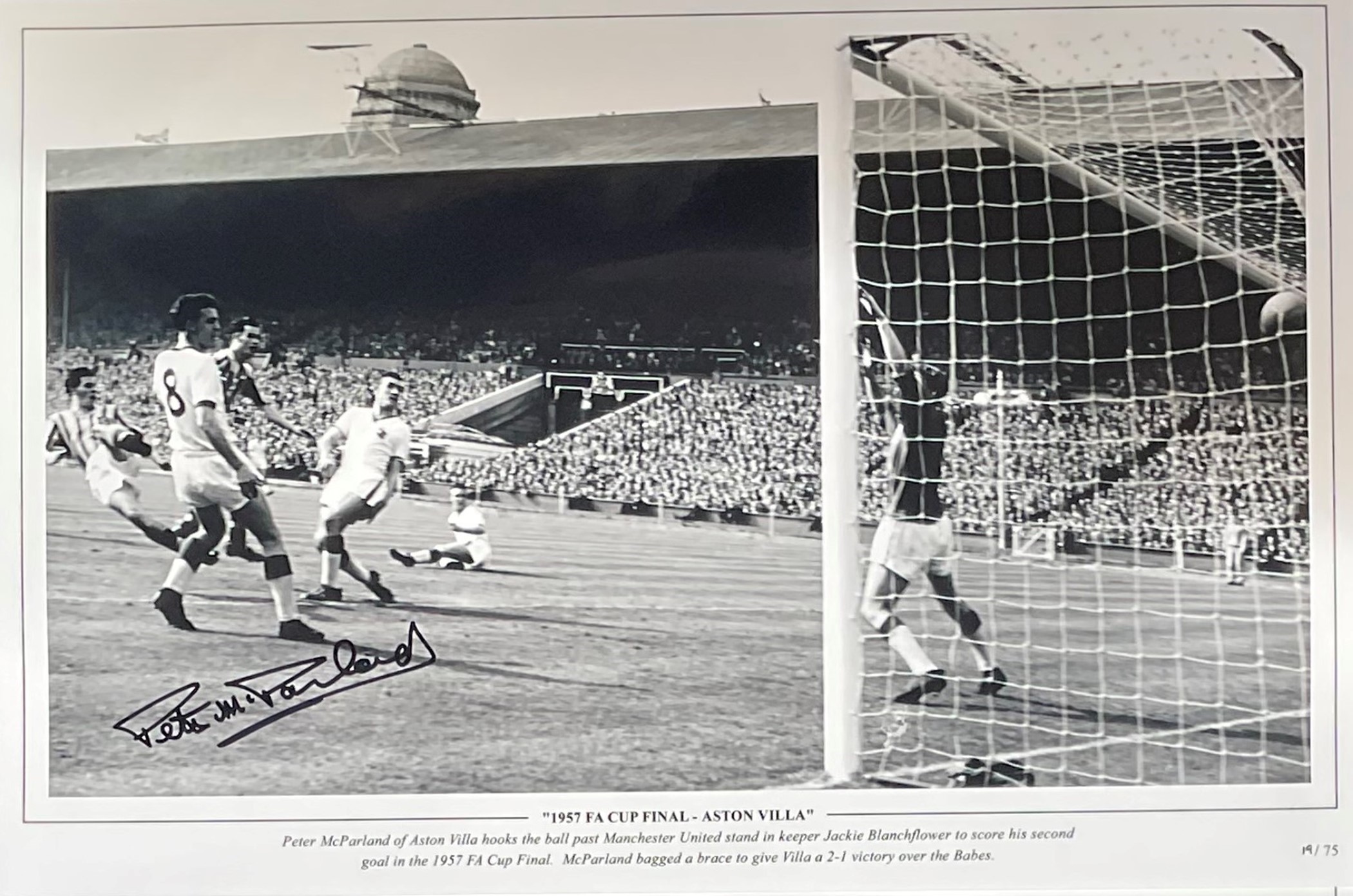 Peter McParland signed 16x12 1957 F. A Cup Final Aston Villa black and white print. Peter