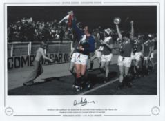 Football. Alex Stepney Signed 16x12 black and white photo, Stepney is in colour. Autographed