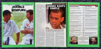 Mike Atherton, Alec Stewart and Andrew Symmonds signed magazine pages both affixed to A4 sheets.