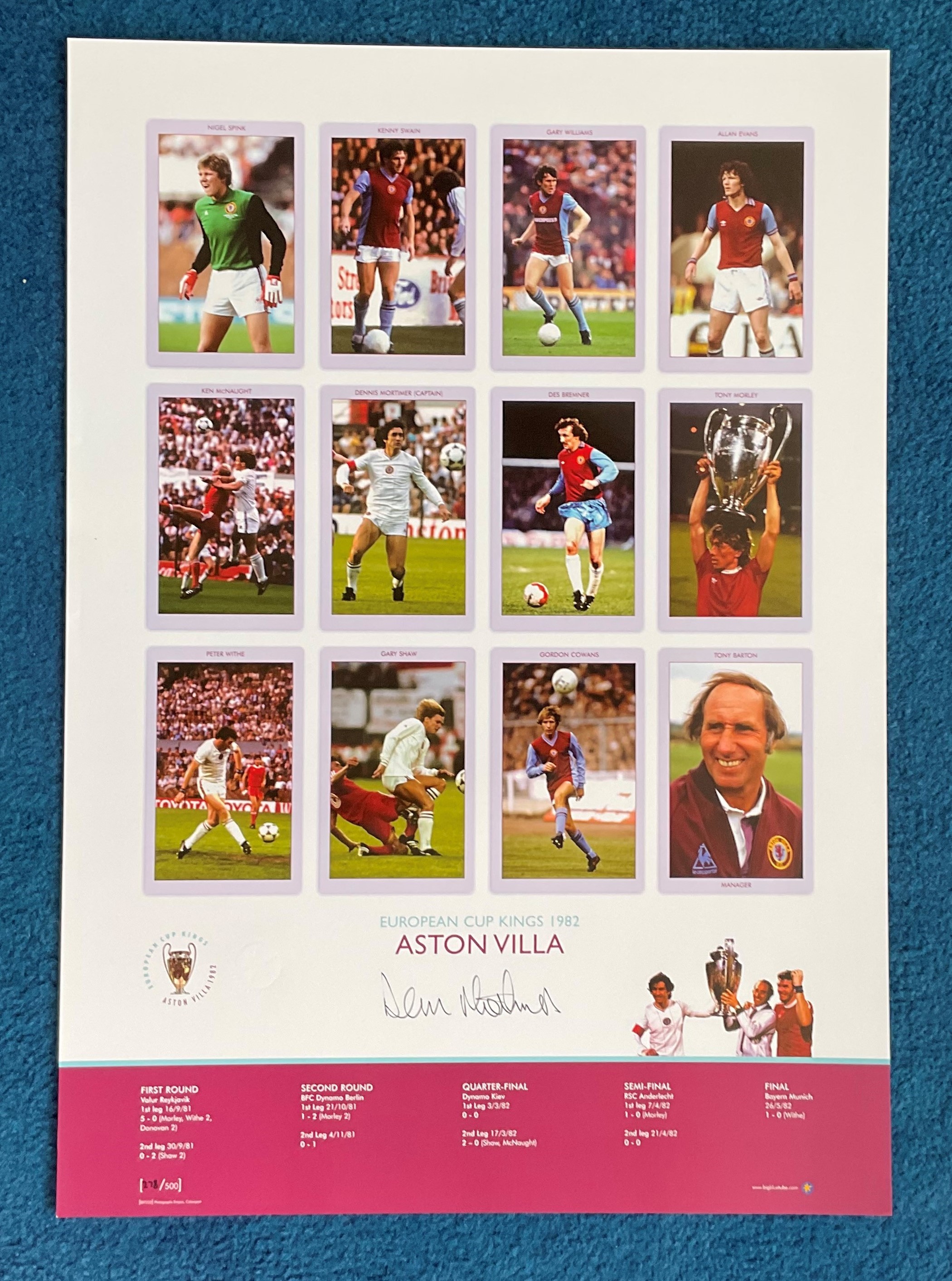 Dennis Mortimer signed 22x16 European Cup Kings 1982 Aston Villa Big Blue Tube print. Limited