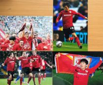 Cardiff City collection coloured signed images. Kim Bo-Kyung and Mark Hudson and photo of squad