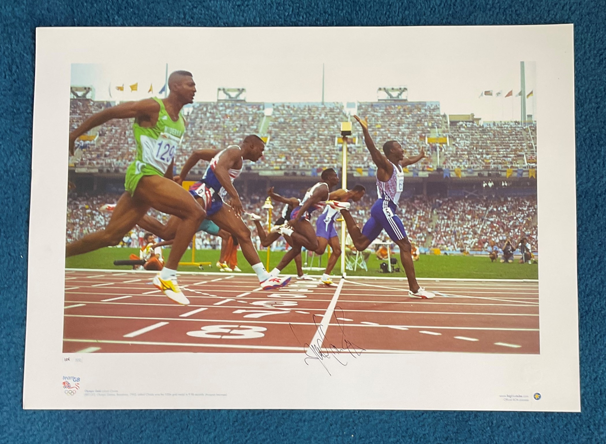 Linford Christie signed 22x16 Team GB Olympic Gold Big Blue Tube print. Linford Christie Olympic