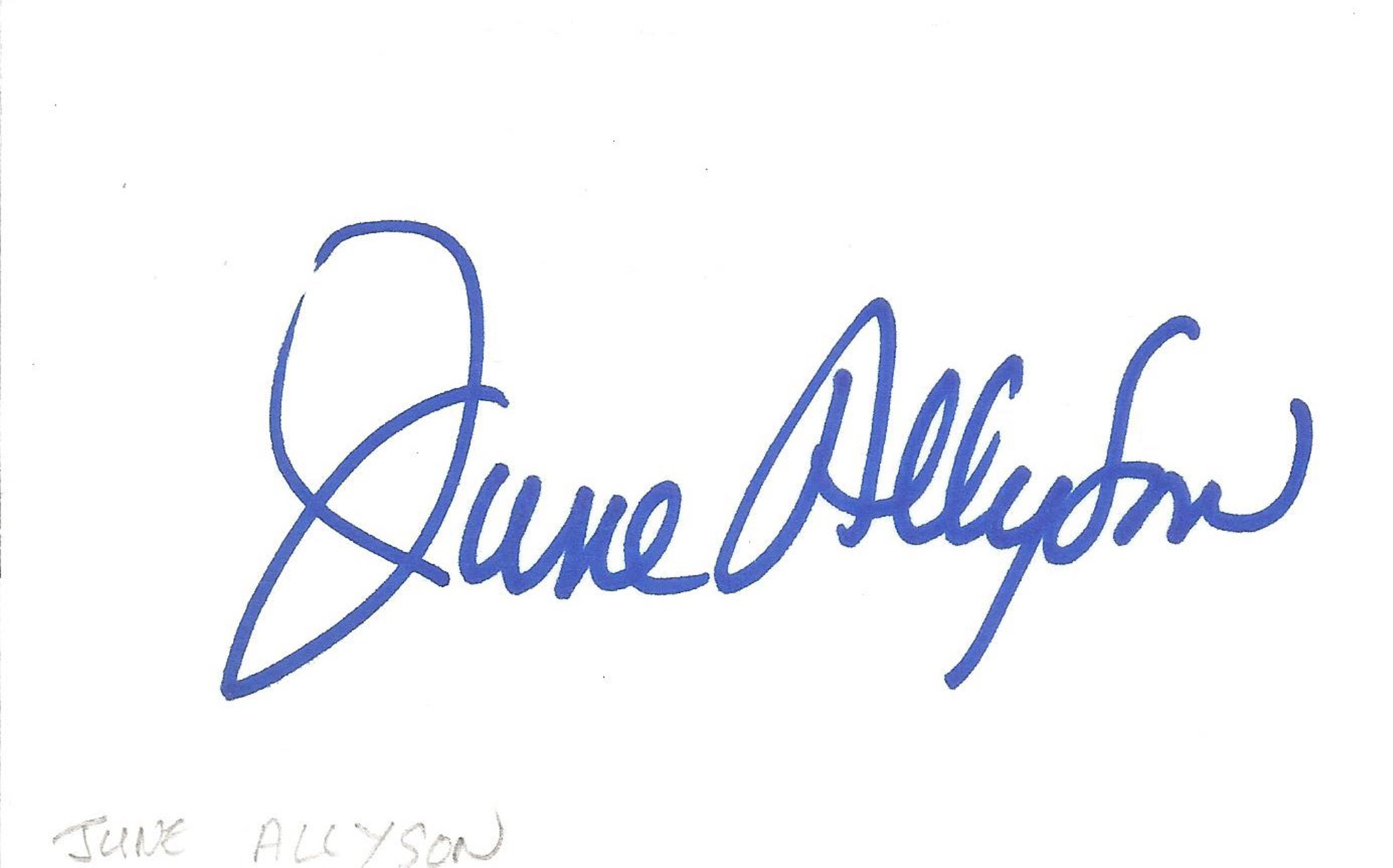 June Allyson signed 5x3 white card. American actress. Good condition. All autographs come with a