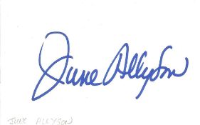 June Allyson signed 5x3 white card. American actress. Good condition. All autographs come with a