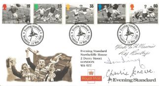 Roy Bentley, Tom Finney and Charlie Crowe signed commemorative cover. Post marked 14th May 1996.