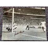 Gordan Banks Famous save England Signed 16 x 12 inch football black and white photo. Good condition.