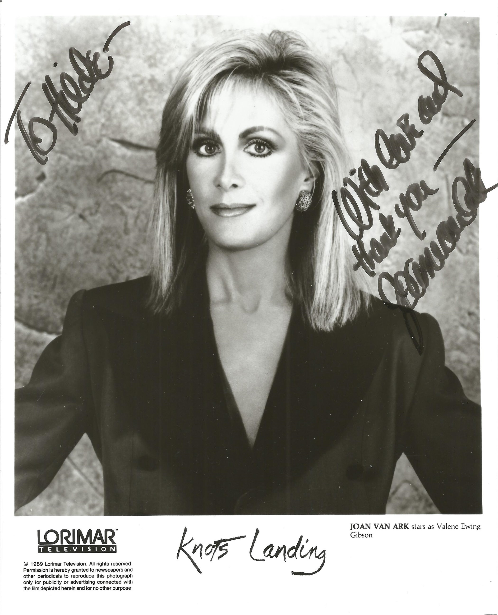 Joan Van Ark signed and dedicated 10 x 8 inch black and white photo. Ark landed her most famous role