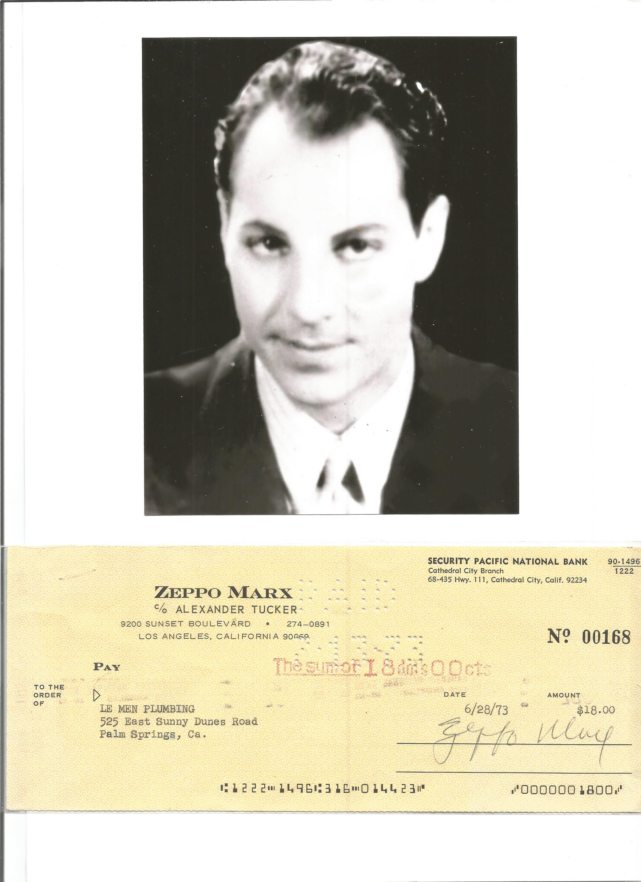 Zeppo Marx signed cheque. February 25, 1901 - November 30, 1979 was an American actor, comedian,