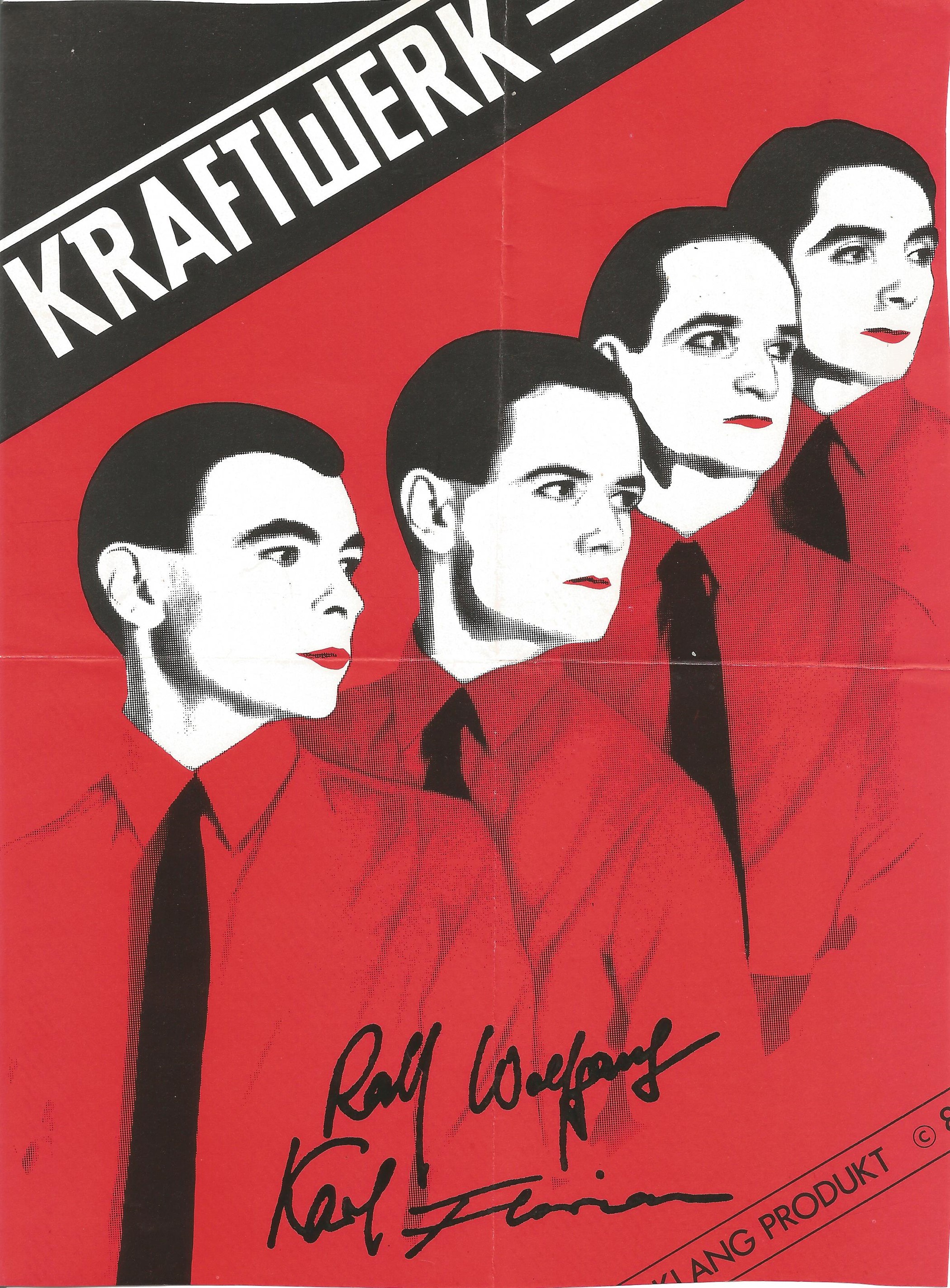 Kraftwerk signed 10x8 irregular cut piece. Signed by 4. Signatures include Ralf Hutter Karl