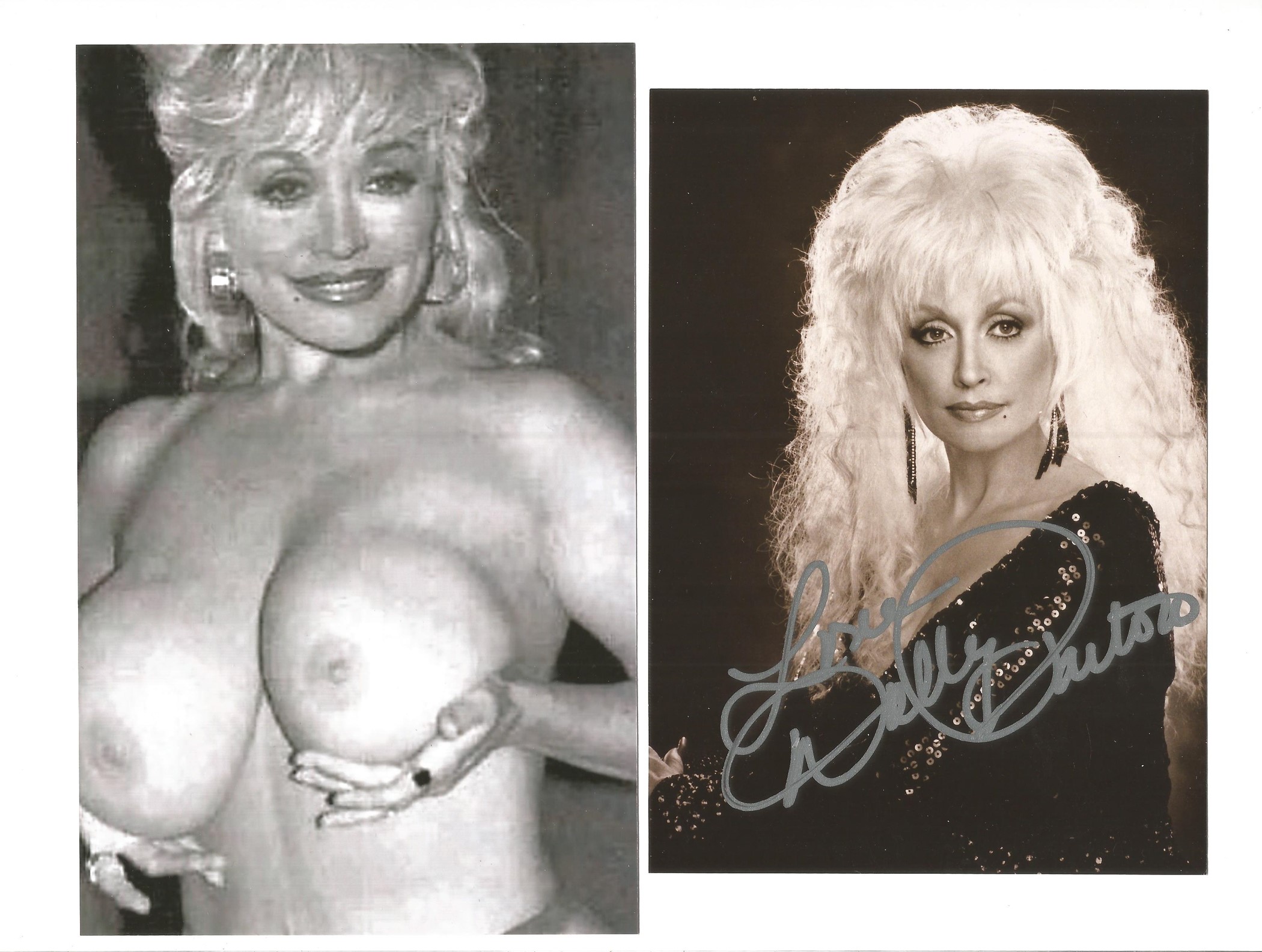 Dolly Parton signed 7x5 black and white photo, also unsigned topless photo. Good condition. All