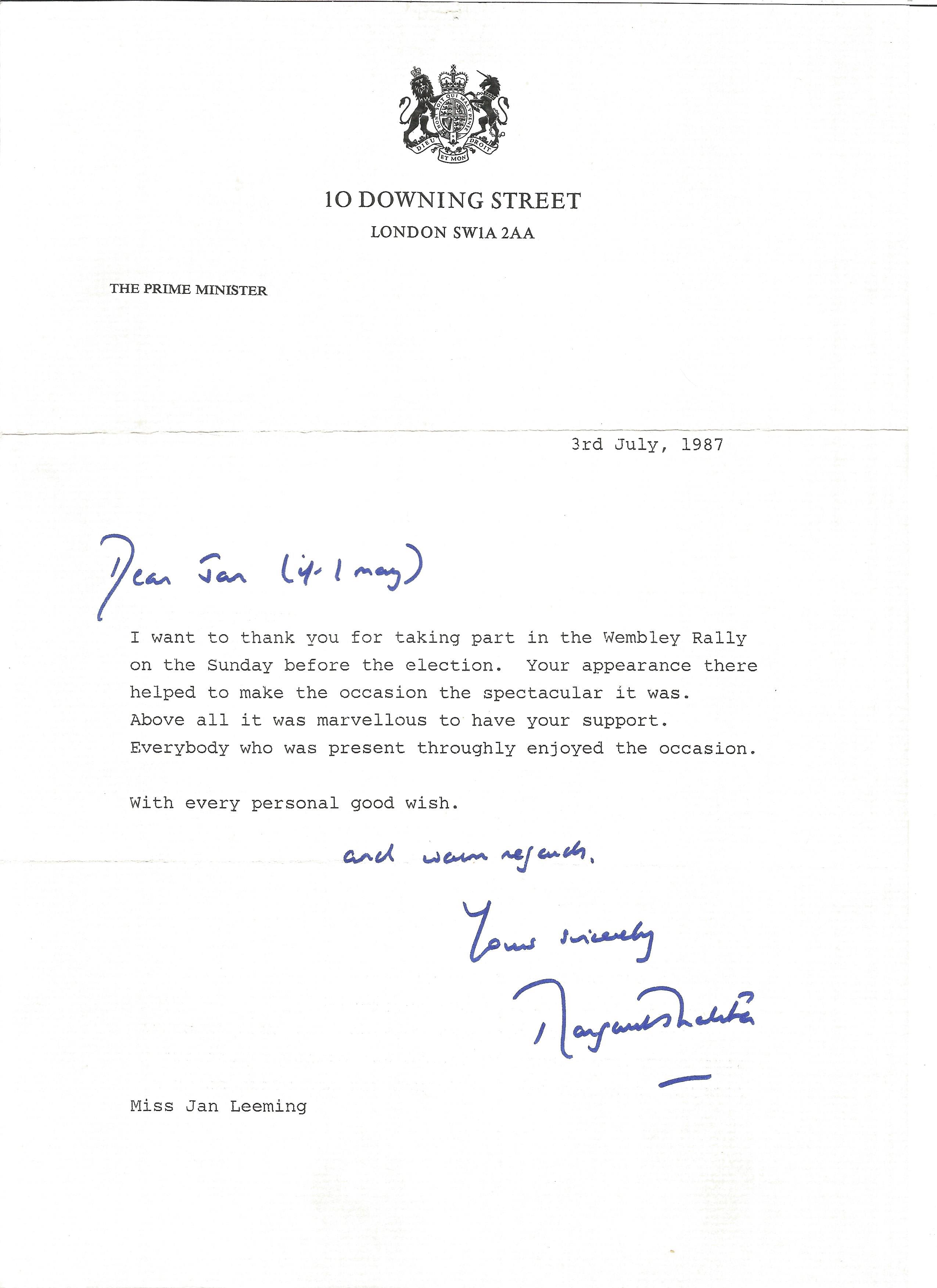 Margaret Thatcher signed TLS dated 3rd July 1987 addressed to Tv presenter and newsreader Jan