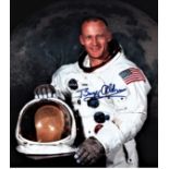 Buzz Aldrin Apollo 11 astronaut signed 10 x 8 inch colour white space suit photo. Good condition.
