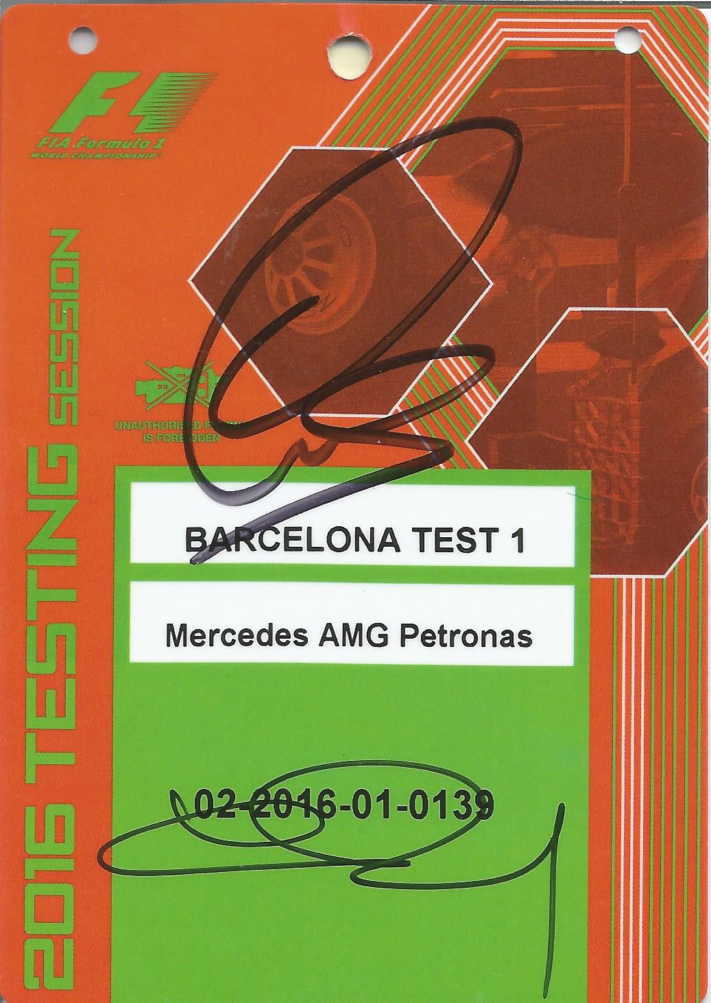 Lewis Hamilton and Nico Rosberg signed Barcelona 2016 Testing Mercedes AMG Petronas pit lane pass.