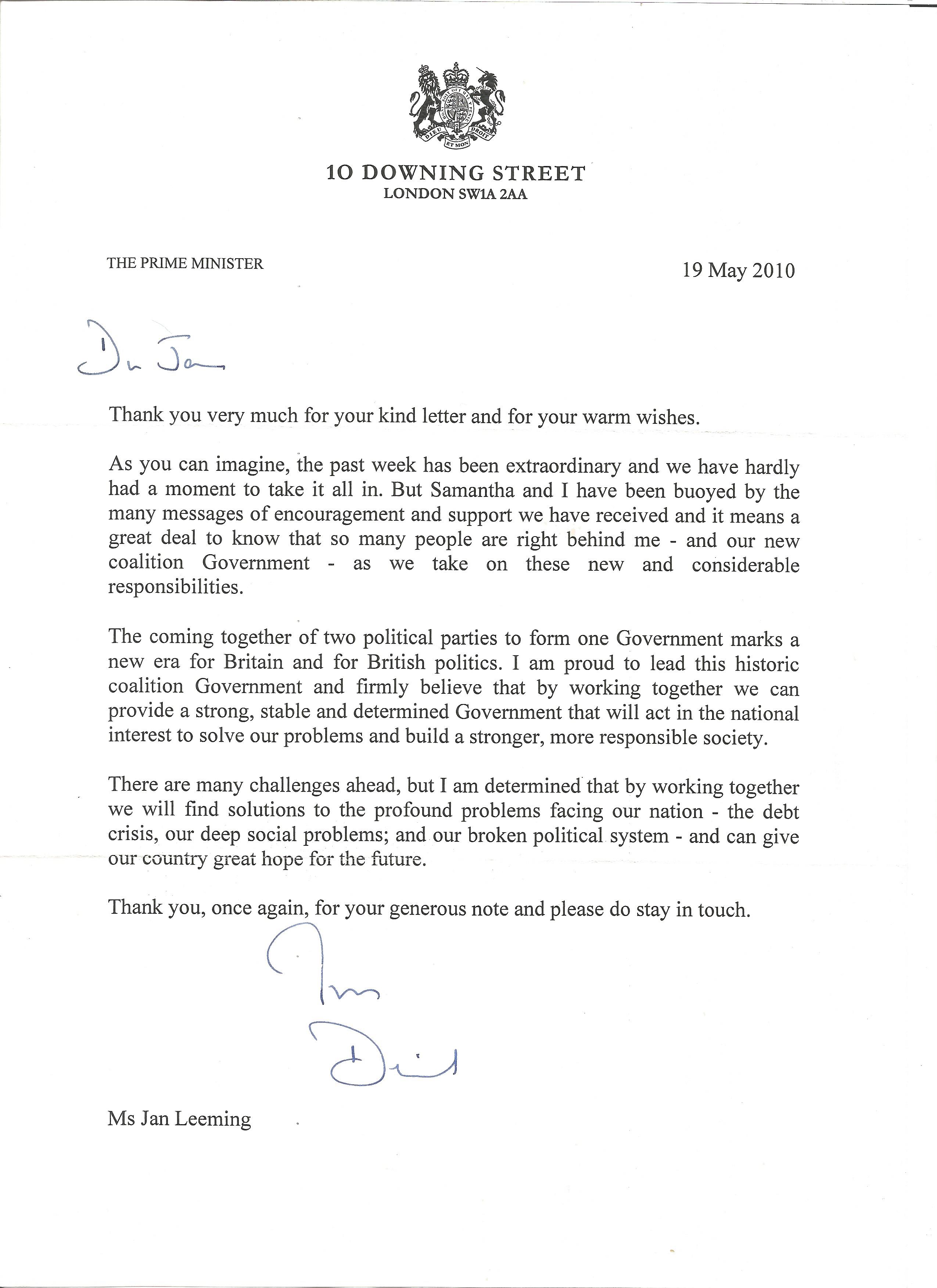 David Cameron signed TLS dated 19 May 2010 addressed to TV presenter and newsreader Jan Leeming