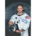 Michael Collins Apollo 11 astronaut signed 10 x 8 inch colour white space suit photo. Good