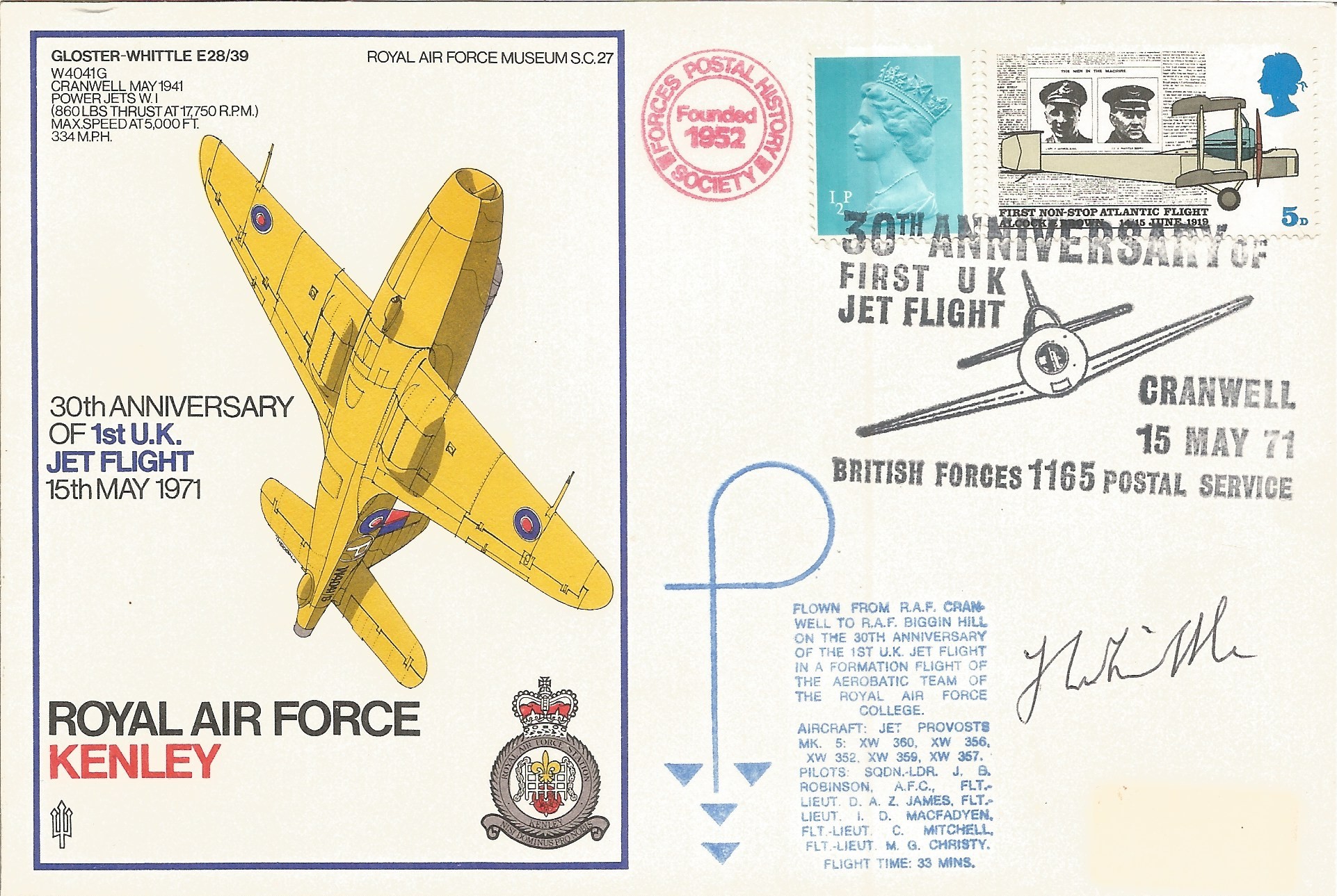 Sir Frank Whittle signed Royal Air Force Kenley 30th Anniversary of 1st UK Jet Flight 15th May