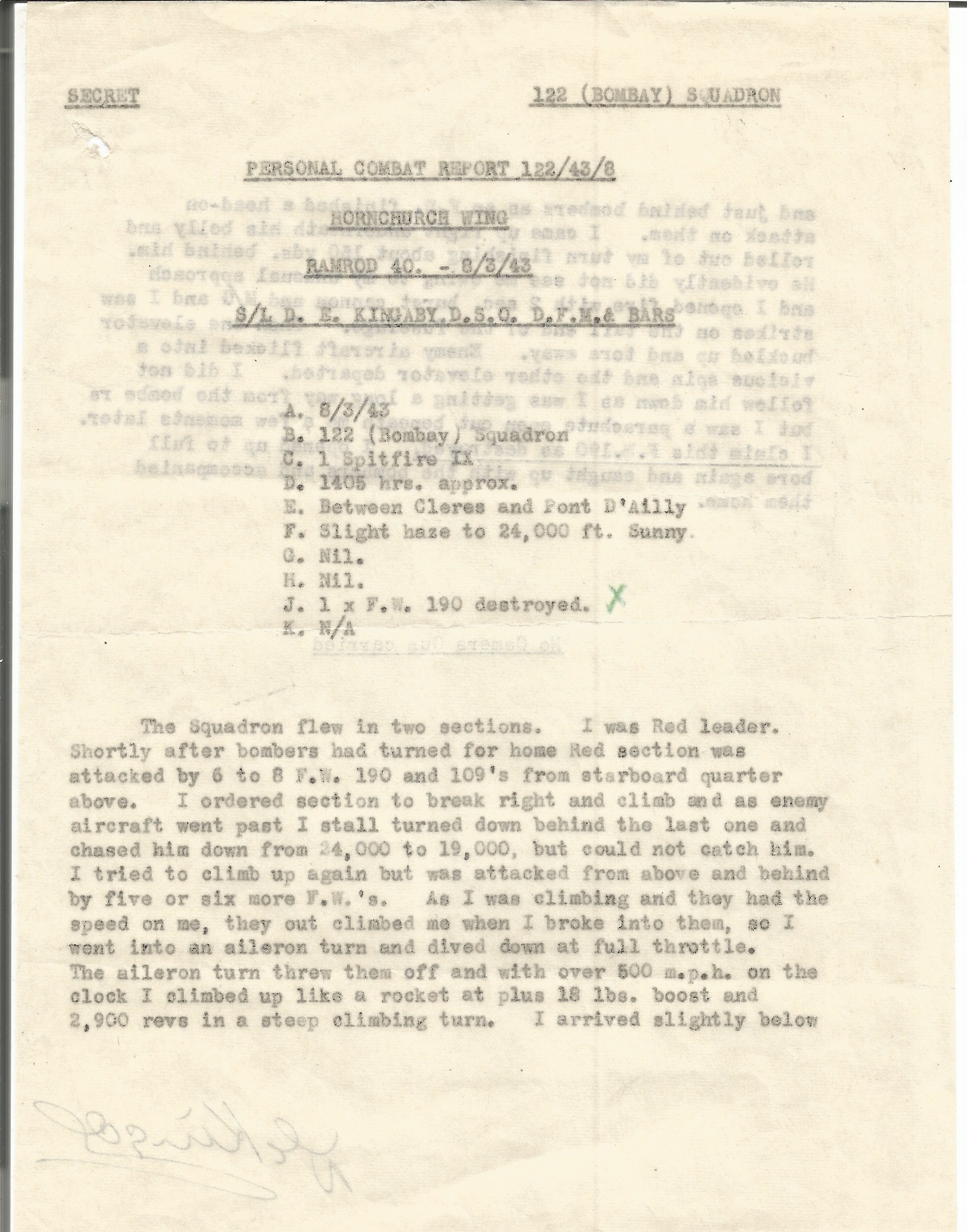 Wing Commander Donald Kingaby signed Original World War II personal combat report dated 8/3/43