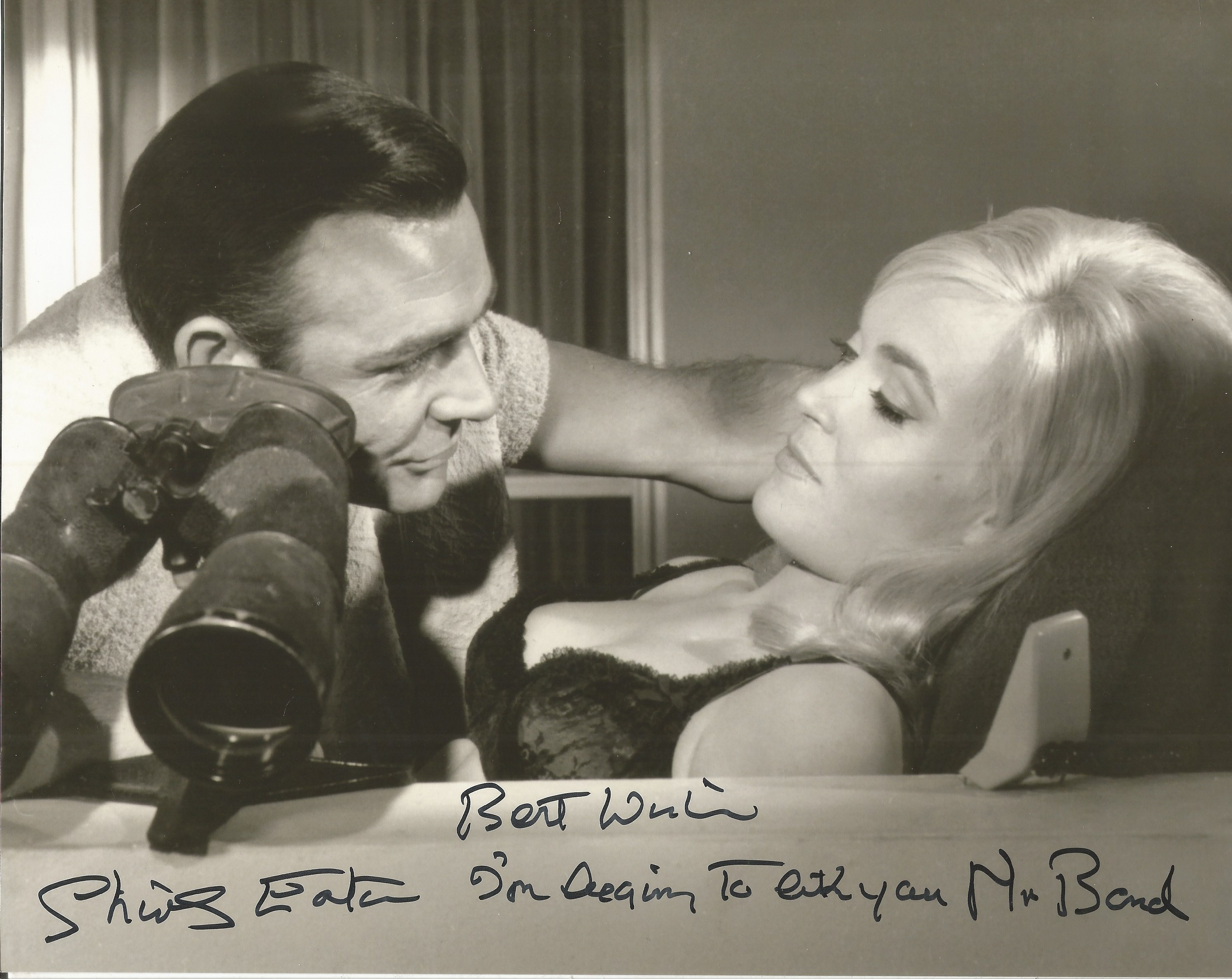 Shirley Eaton signed 10x8 black and white photo with rare inscription I'm beginning to like you Mr