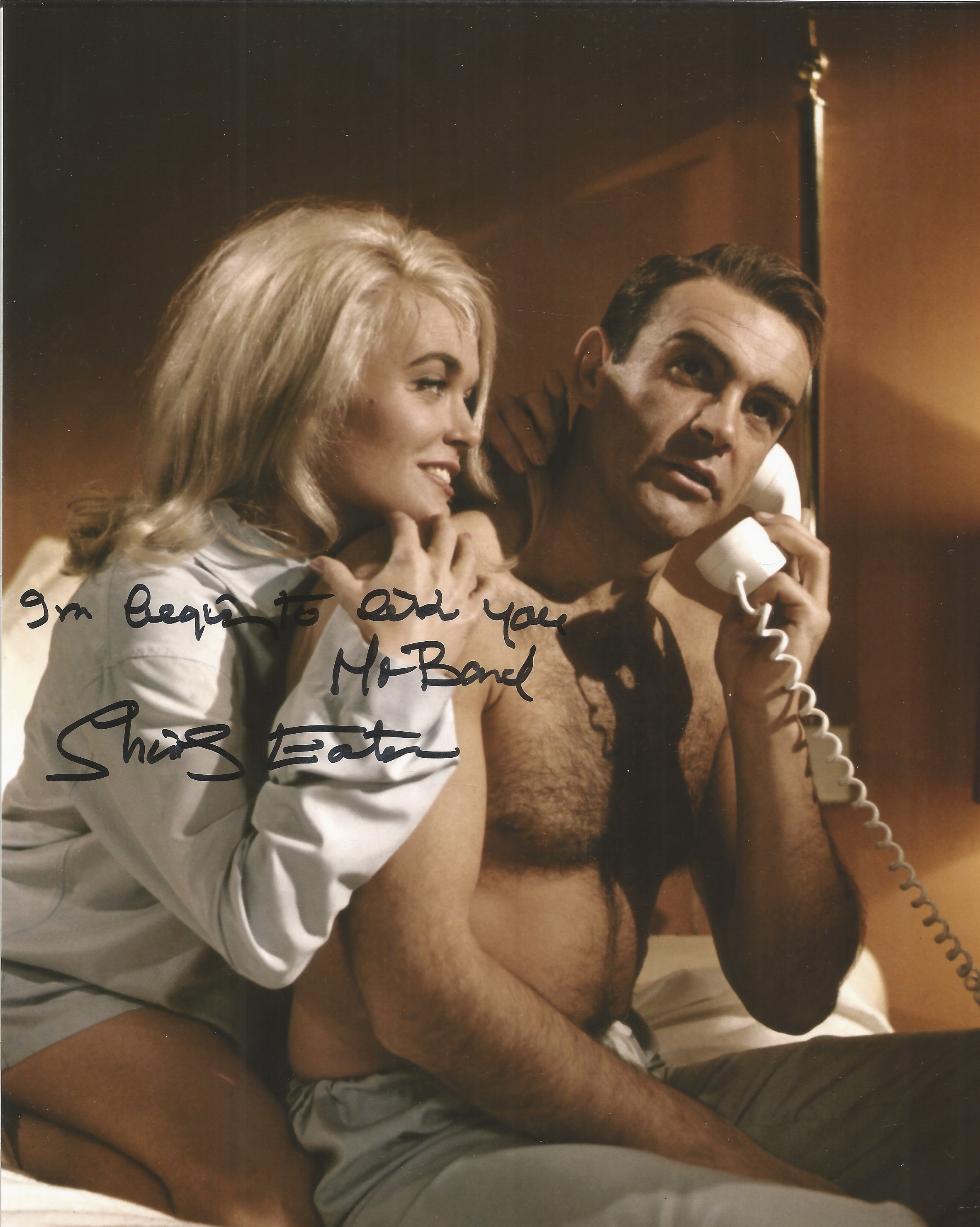 Shirley Eaton signed 10x8 black and colour photo with rare inscription I'm beginning to like you