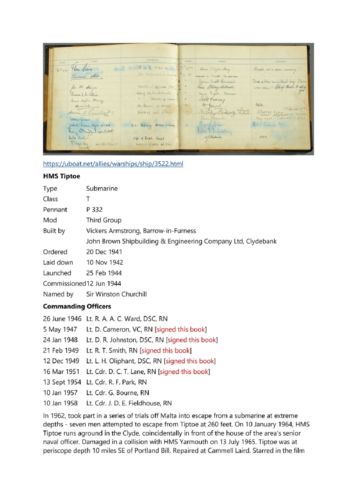 HMS Tiptoe visitors book with 846 autographs inc four Donald Cameron VC and two Bell Davies VC. - Image 2 of 9