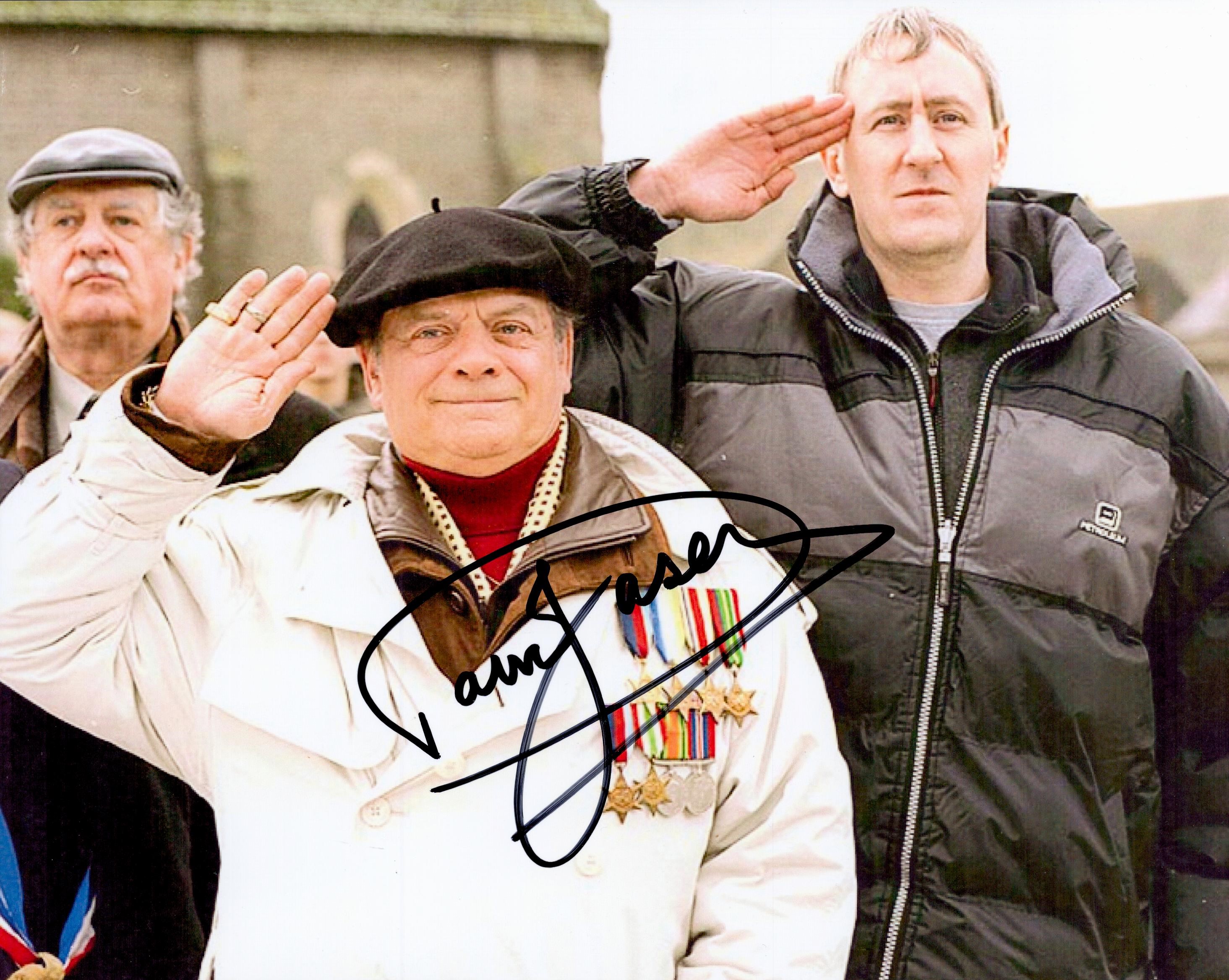 David Jason signed 12 x 8 inch colour Only Fools and Horses photo, Saluting with medals on his