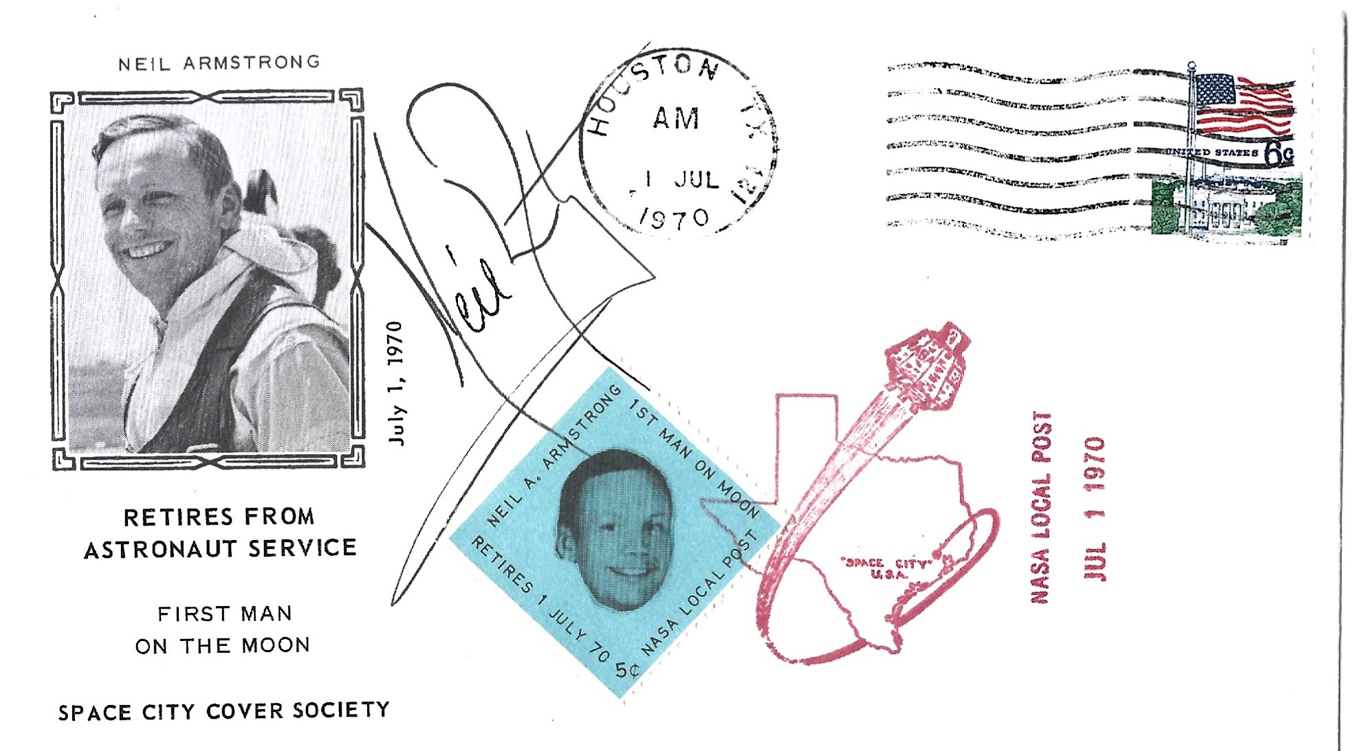 Neil Armstrong signed commemorative cover Retires From Astronaut service PM Houston TX 1 Jul 1970.