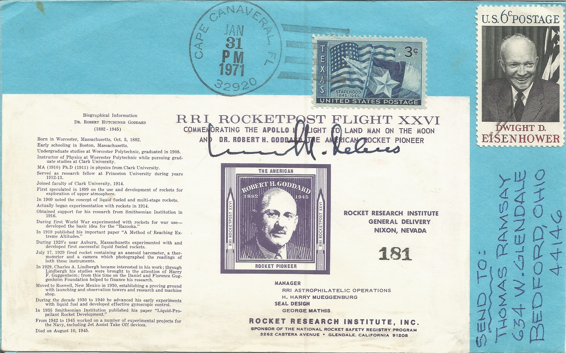 Kurt H Rebus signed 10x8 black and white photo and signed RRI Rocketpost Flight XXVI cover PM Cape - Image 2 of 2