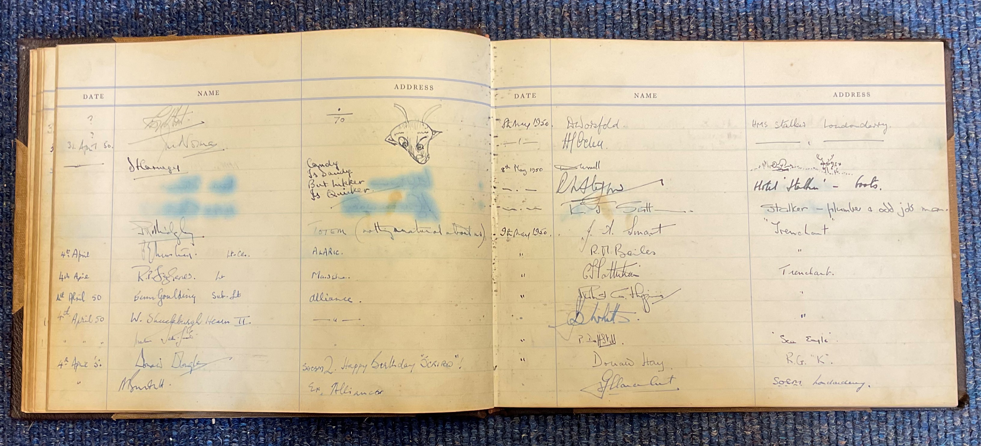 HMS Tiptoe visitors book with 846 autographs inc four Donald Cameron VC and two Bell Davies VC. - Image 8 of 9