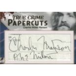 Charles Manson signed 4x3 True Crime mounted paper cutting. Charles Milles Manson (né Maddox;