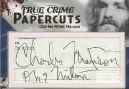Charles Manson signed 4x3 True Crime mounted paper cutting. Charles Milles Manson (né Maddox;