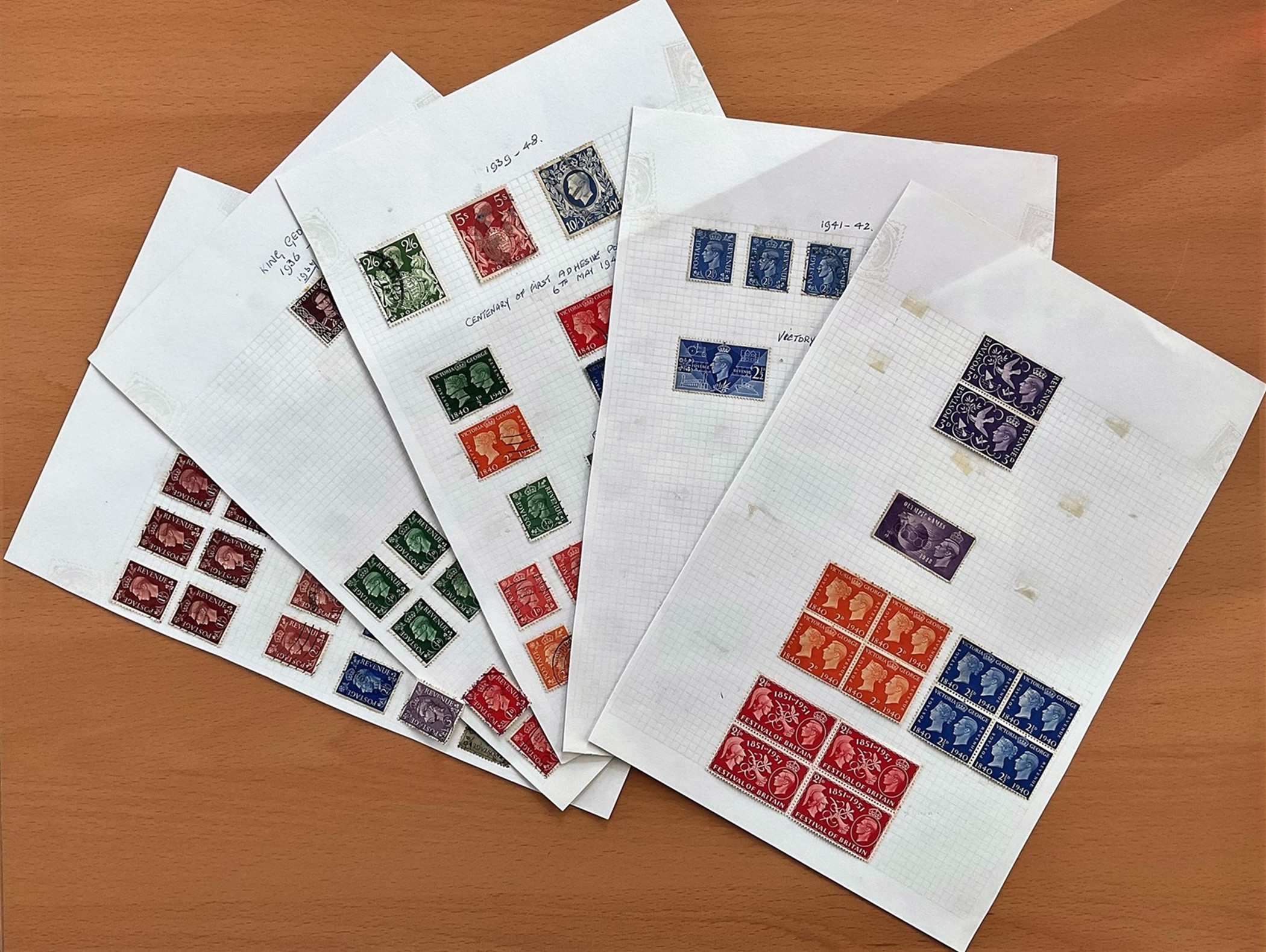 GB George VI Stamps used on 7 Album pages, from 1937 to 1947 Including Centenary of the first