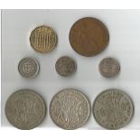 3 x Half Crowns, 1928, 1934, 1949, 3 x Silver Three Pence, 1912, 1917, 1942, Brass Three Pence,