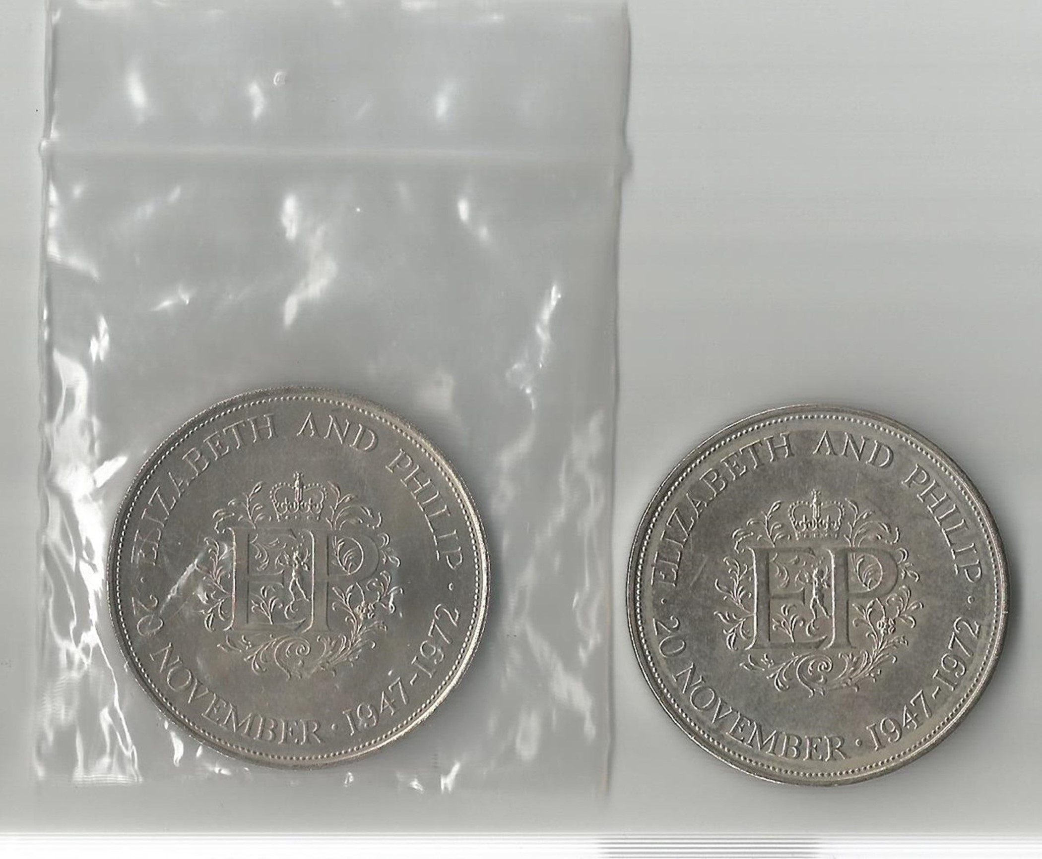 2 x Queen Elizabeth II 25th Wedding Anniversary Crown 1972, Crown in bag has good definition, (no