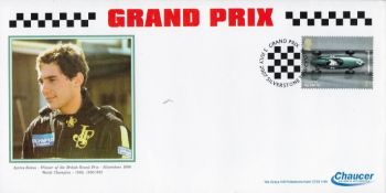 Trade lot 20 Grand Prix FDCs with Ayrton Senna illustration and Graham Hill stamp with Chaucer