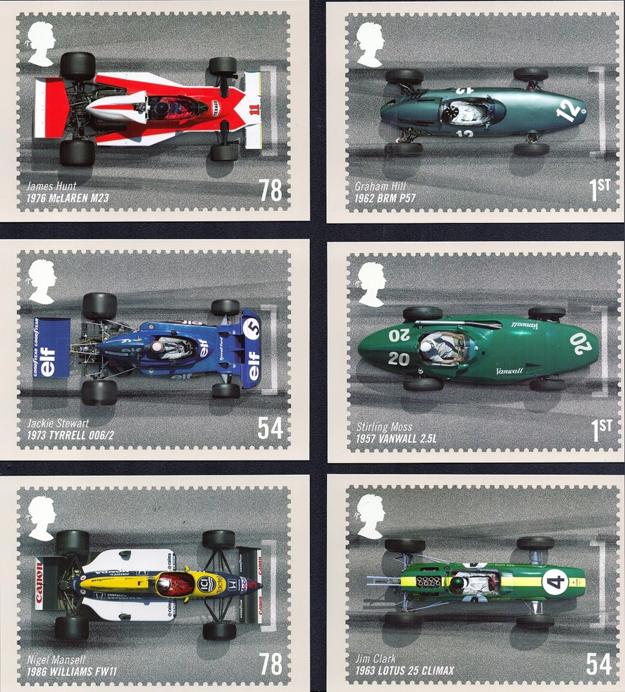 Grand Prix PHQ collection, featuring 6 PHQ cards showcasing a variety of Grand Prix stamps including