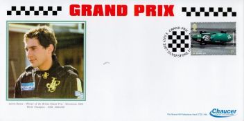 Trade lot 20 Grand Prix FDCs with Ayrton Senna illustration and Stirling Moss stamp with Chaucer