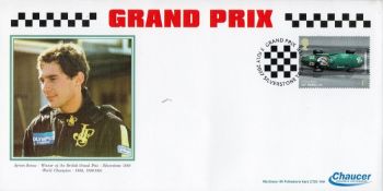 Trade lot 20 Grand Prix FDCs with Ayrton Senna illustration and Stirling Moss stamp with Chaucer