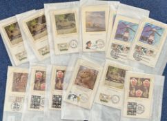46 Benham Silk First Day Cards with Stamps and FDI Postmarks, contains multiples, Includes