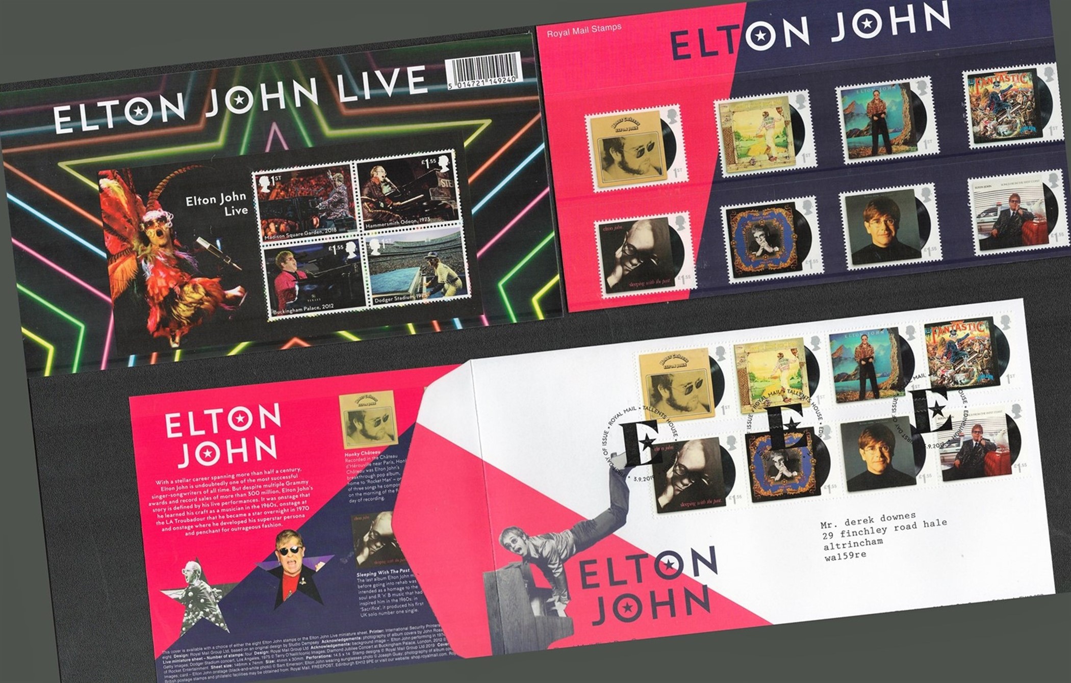 Elton John music stamp and FDC collection featuring 2 complete presentation packs showcasing 12