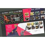 Elton John music stamp and FDC collection featuring 2 complete presentation packs showcasing 12