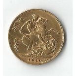 Gold Half Sovereign, King Edward VII 1910, Bare Head & George and the Dragon. Good condition. We