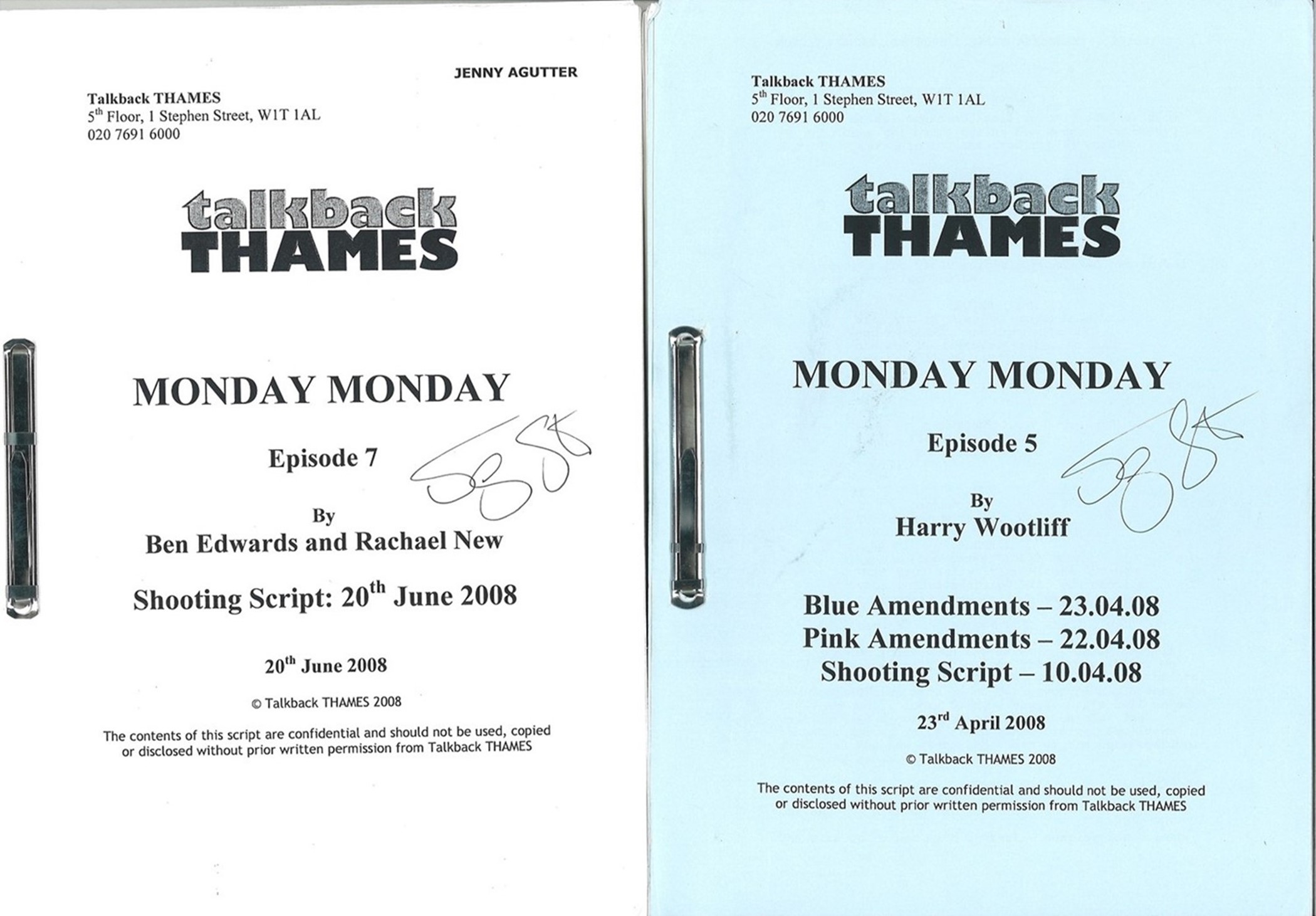 Actress Jenny Agutter Collection of Talkback Thames TV Scripts for Monday Monday Episodes 2, 4, 5,