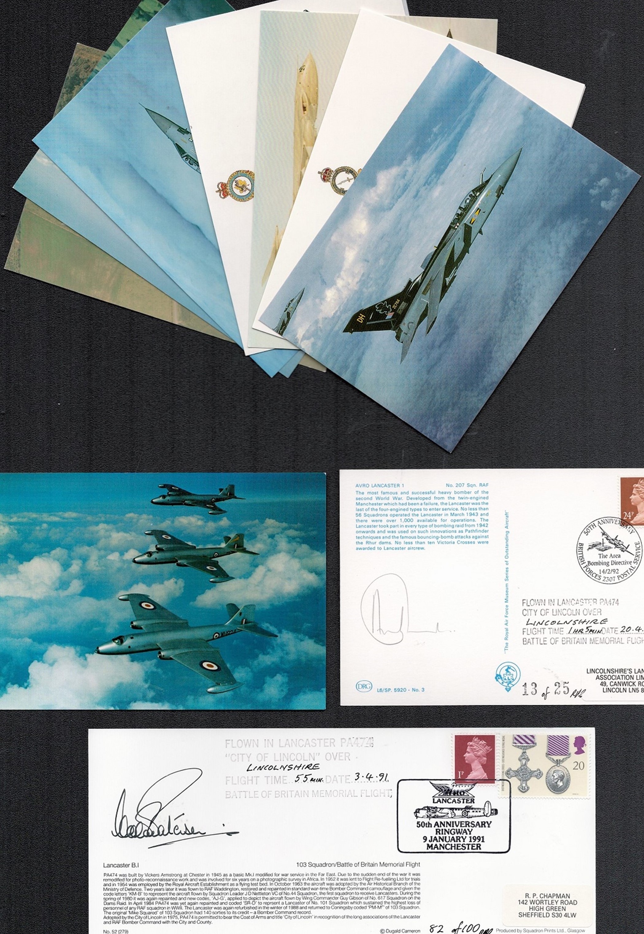 Aviation collection featuring 1 signed and 2 flown photo post cards plus 17 unsigned photo postcards