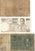 3 x Vintage Banknotes Including 1929 10 Reichsmark with Head Watermark, 1942 2 Shillings Malta War