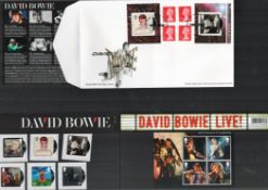 David Bowie collection featuring 2 presentation packs showcasing 10 Offical Royal Mail stamps, an