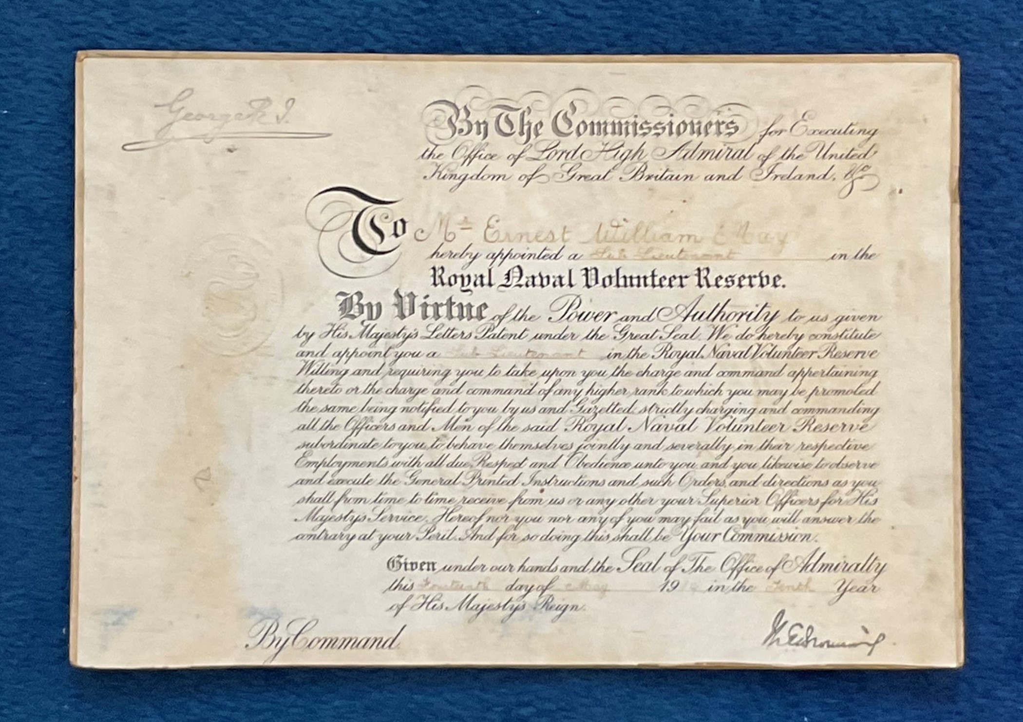 Letter / Scroll from the Commissioners for Executing the Office of Lord High Admiral To Mr Ernest