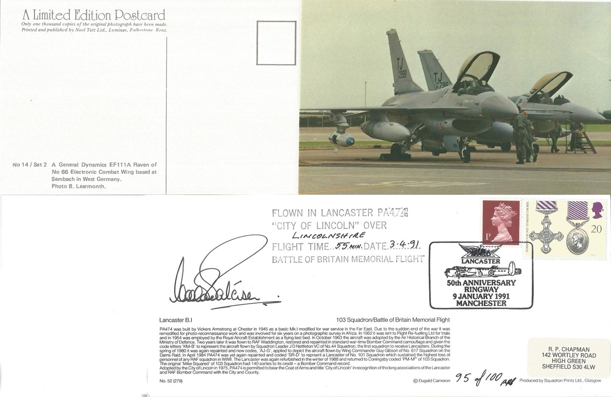 22 RAF Aircraft Postcards plus A Flown & Signed Limited Edition Lancaster B. I Postcard 1991 with